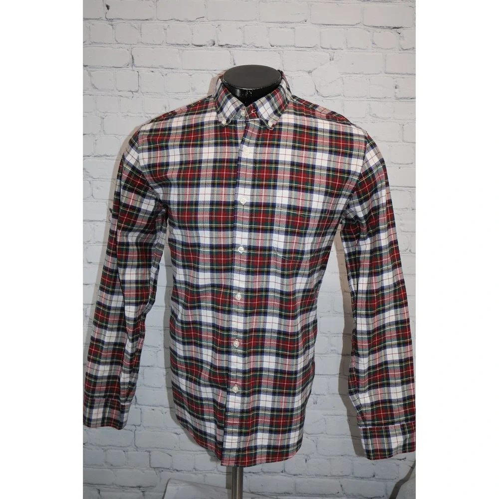 J.Crew Button Down Shirt Mens Large Red Green Plaid Broken-In Oxford Slim Fit